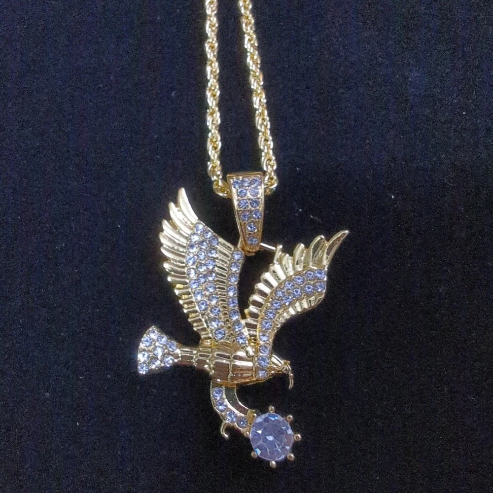 🆕Stainless Steel 18K Gold Plated w/Inlaid Cubic Zirconia Eagle Pendant